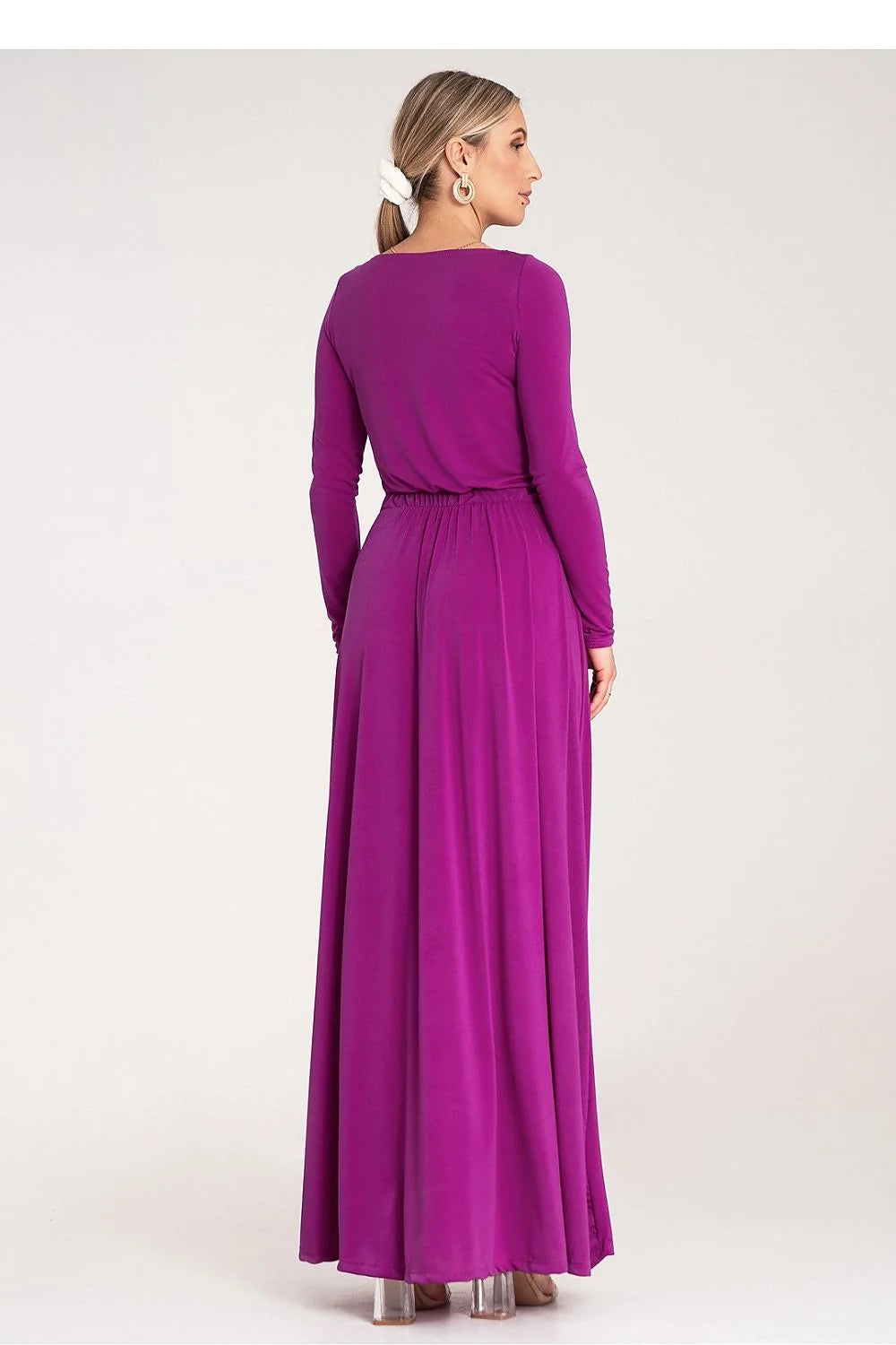 Robe de jour Figl élégante couleur magenta vibrant manches longues tissu fluide taille élastiquée pour femme