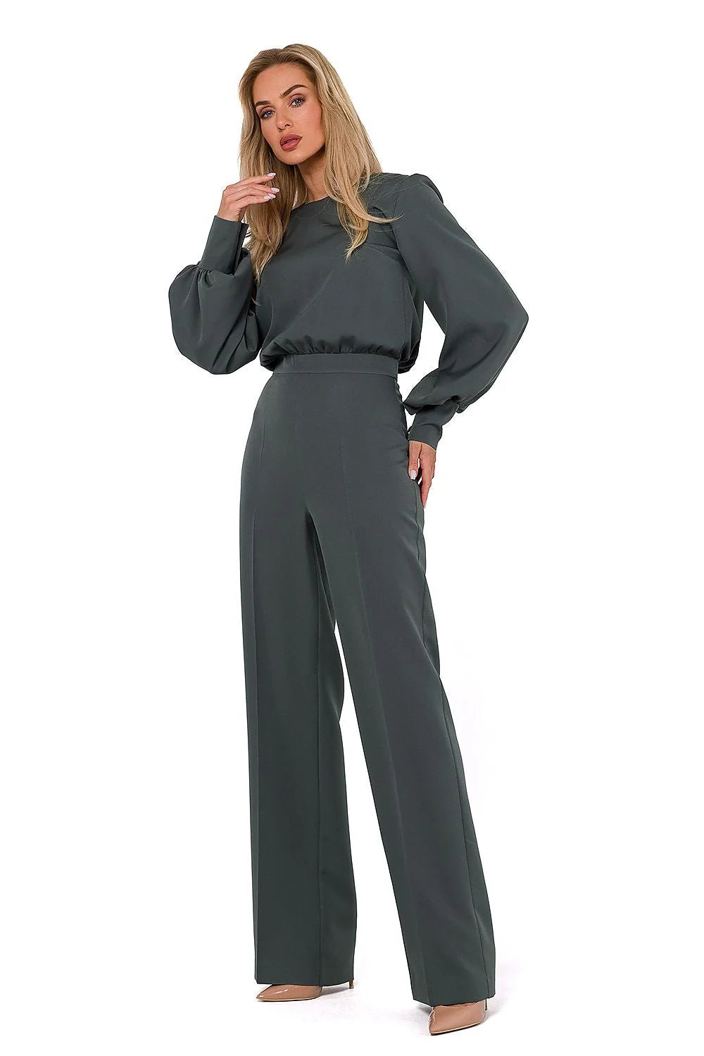 Combinaison élégante pour femme manches longues encolure ronde fermeture éclair bouton couleur gris foncé coupe large évasée taille ajustable femme