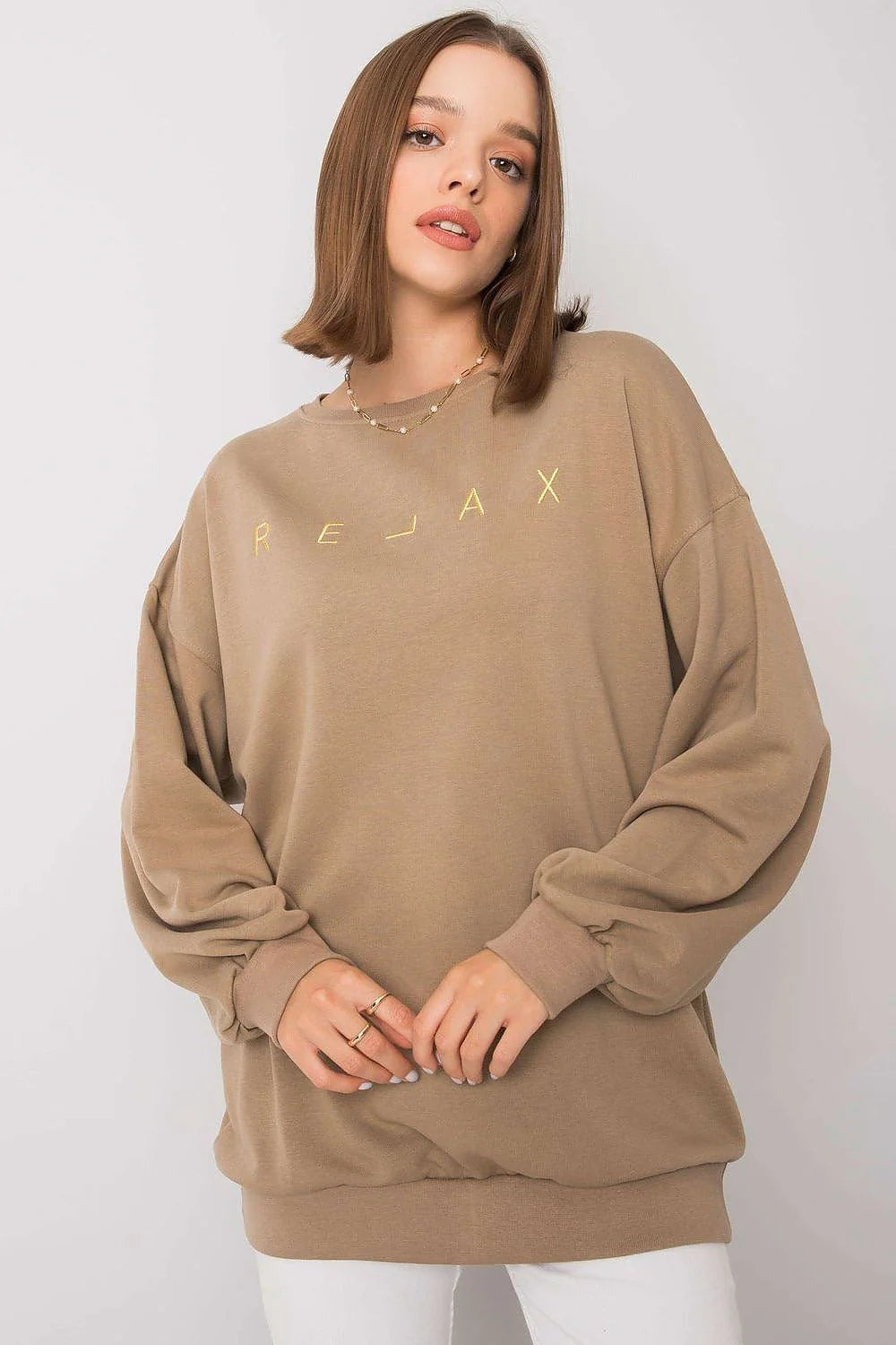 Sweatshirt en coton polyester oversize beige matelassé décontracté avec inscription dorée pour femmes modernes