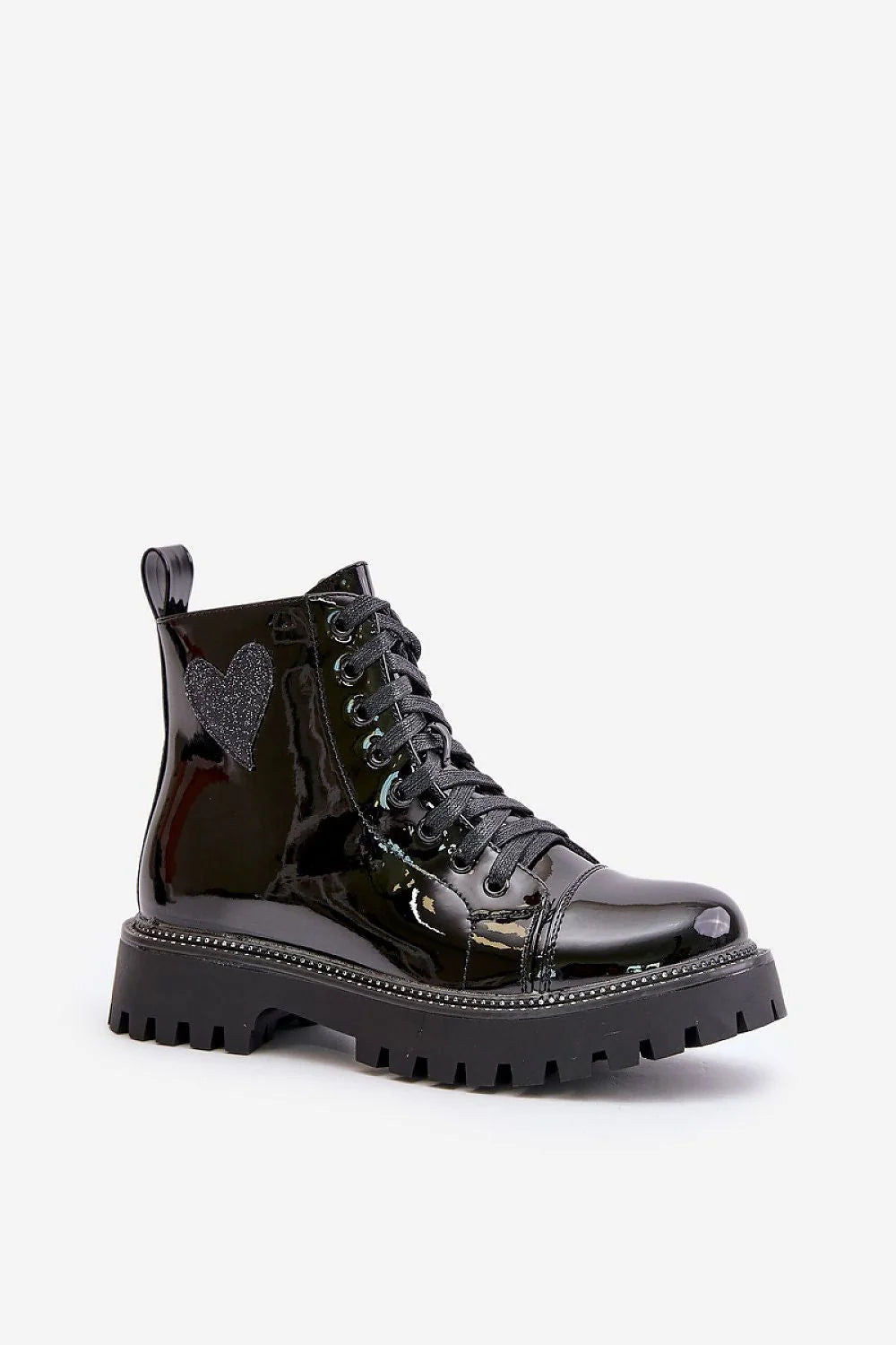 bottines femme style combat cuir verni noir brillant talon 4cm fermeture éclair lacets œillets métalliques semelle plateforme crantée