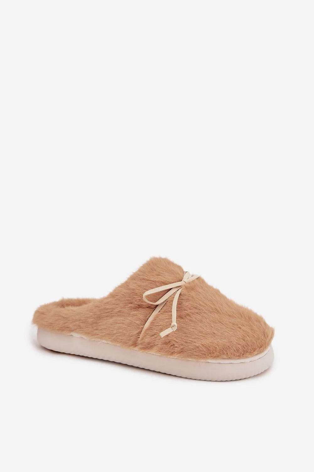 pantoufles femme fourrure fausse mules fermées beige camel noeud décoratif pelucheux intérieur semelle blanche antidérapante caoutchouc maintien confortable