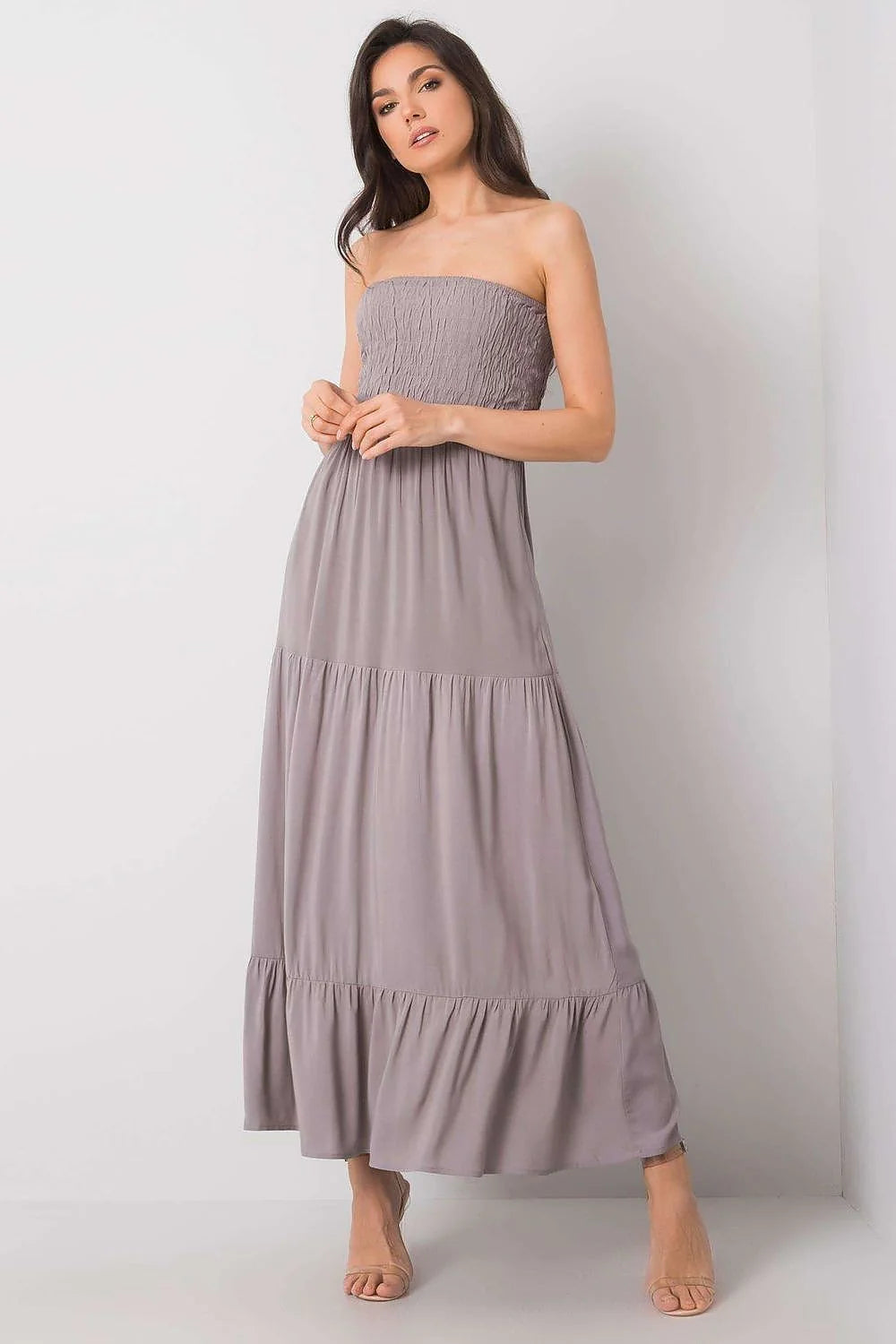 Robe de jour Fresh Made longue sans bretelles floral noir blanc rose clair élastique volants femme été