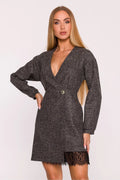 robe tweed dentelle anthracite courte cintrée décolleté plongeant manches longues bouton doré bijou fente latérale volant féminine élégante soirée bureau