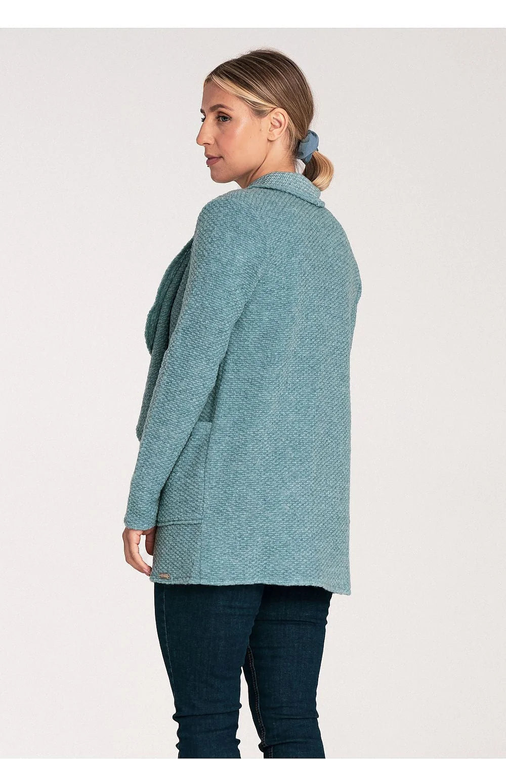 Cardigan femme bleu clair motif nid d'abeilles coupe ample col drapé manches longues poches latérales tricot texture subtile