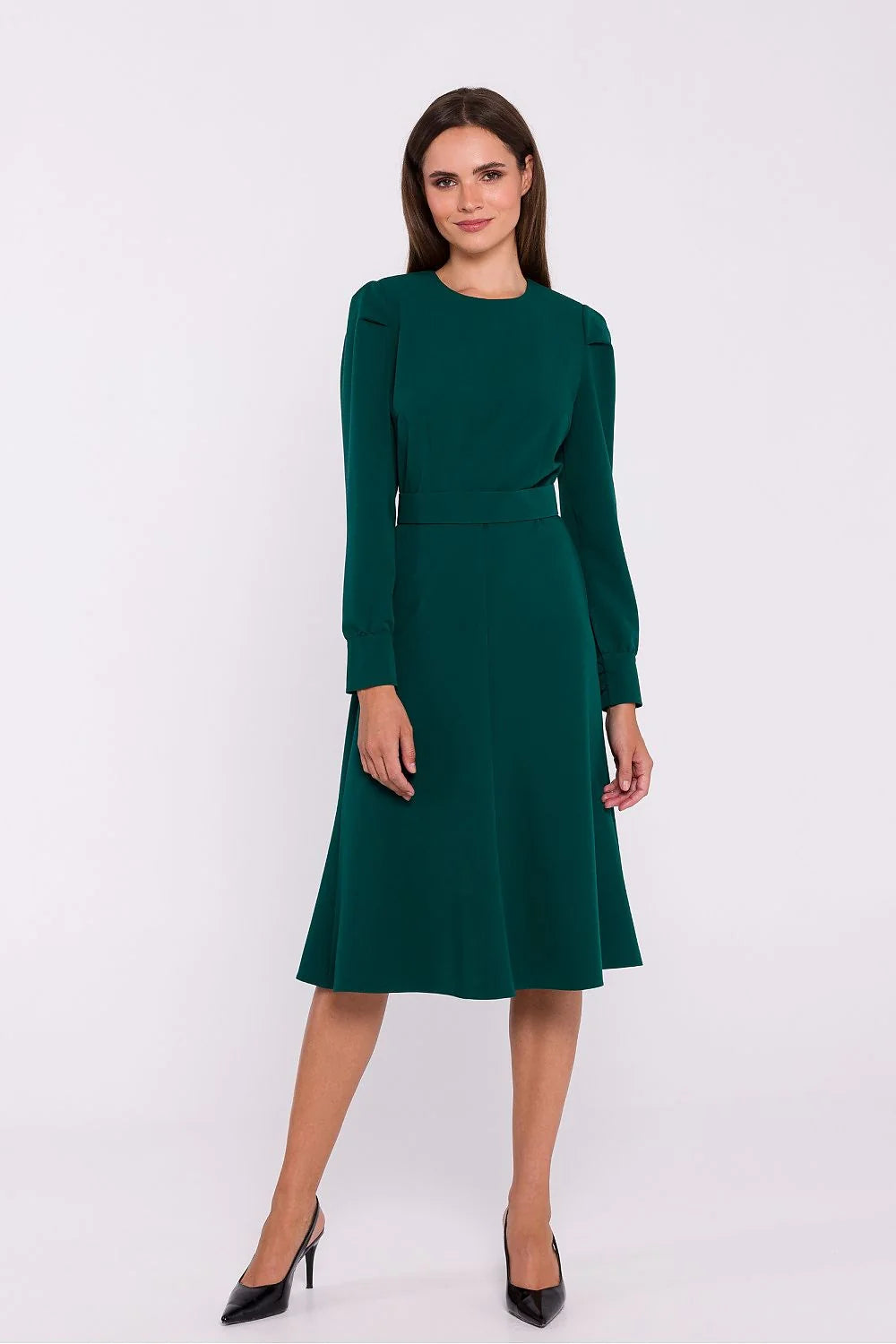 Robe élégante pour femme en vert émeraude manches longues ceinture intégrée coupe midi style classique
