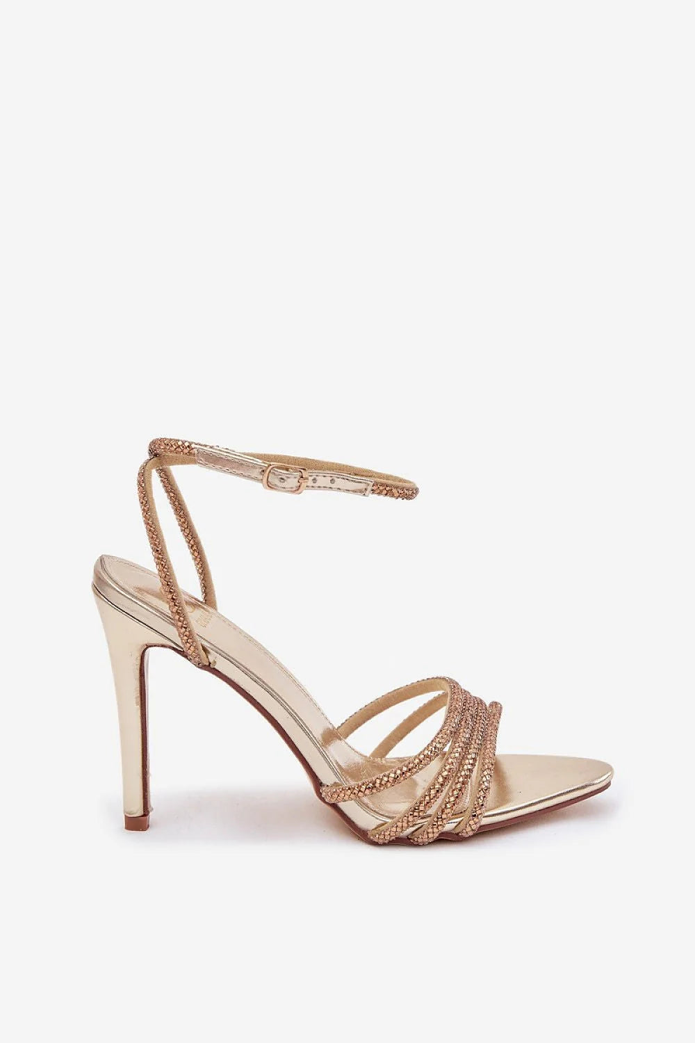 sandales talon aiguilles métallisé rose doré brides fines tressées cristaux brillants ouvert bride cheville réglable maintien élégant soirée mariage