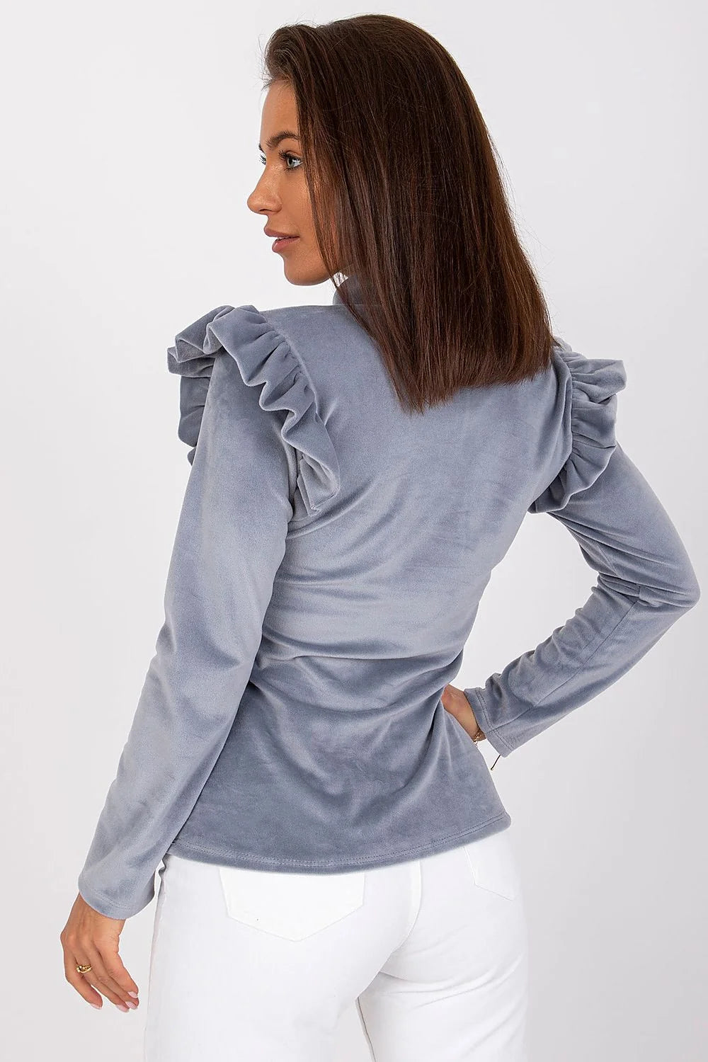 Chemisier femme velour élégant manches longues col montant volants bleu-gris taille universelle chic