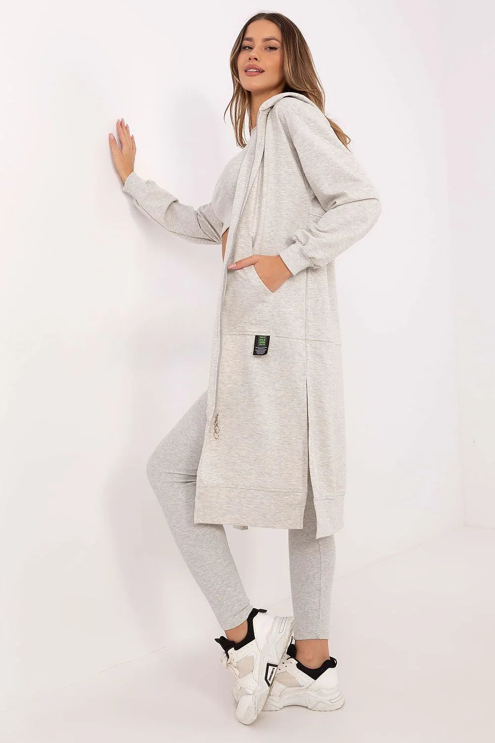ensemble athleisure femme gris chiné croptop côtelé legging taillehaute slim veste longue capuche molletonnée poches zip extensible douce