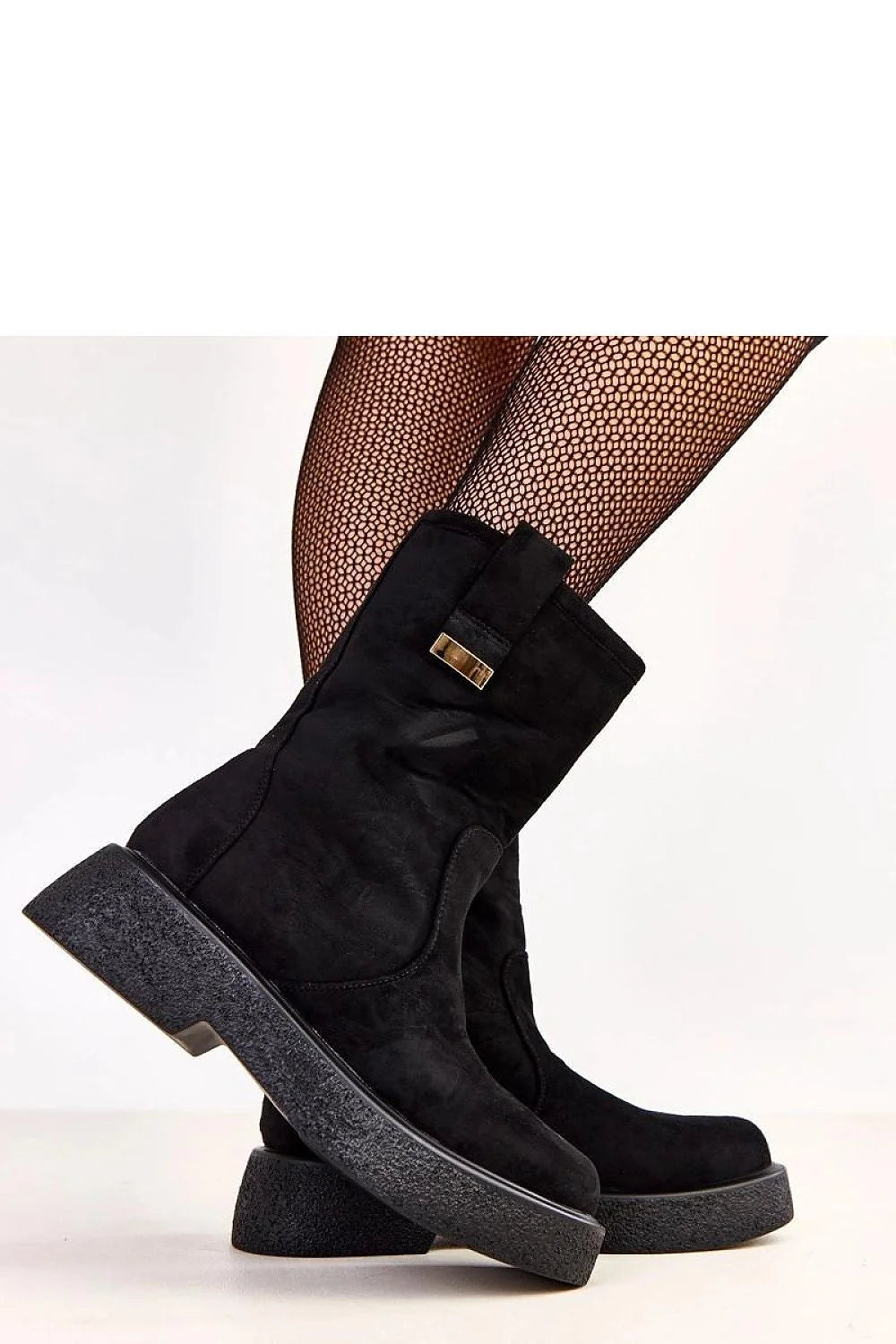 bottines femme mi mollet suédé écologique noir bout rond plateforme 5 cm tige 19 cm doublée chaude semelle caoutchouc texturé
