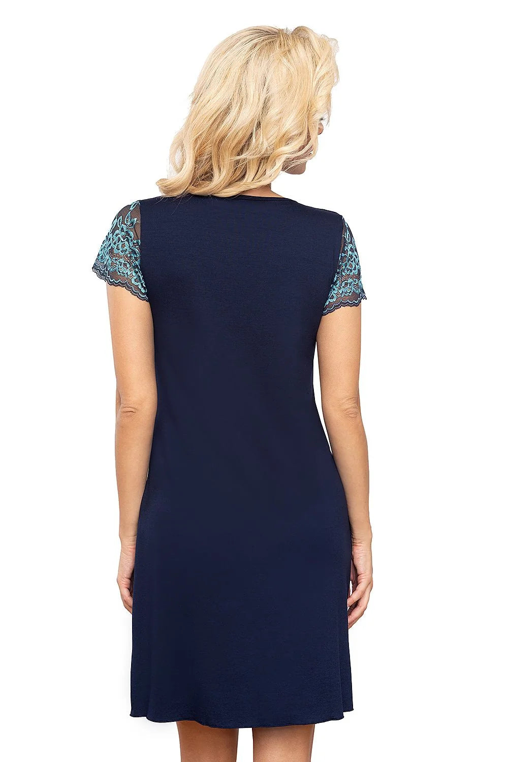 Chemise de nuit élégante manches courtes en dentelle bleu marine couleur contrastée coupe ajustée silhouette flatteuse femme