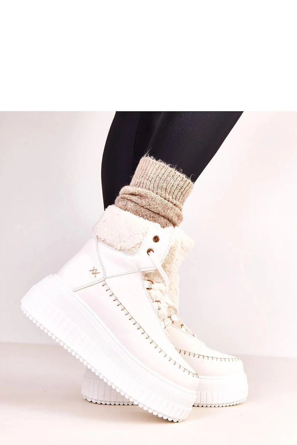 bottines sport femme lacets stylées urbanes confort quotidien cuir écologique synthétique crème sherpa fourré plateforme 6cm semelle crantée antidérapante cheville