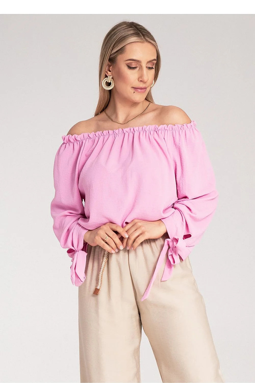 Chemisier féminin off-shoulder style bohème élégant longues manches nœuds décoratifs couleur rose pastel summer top