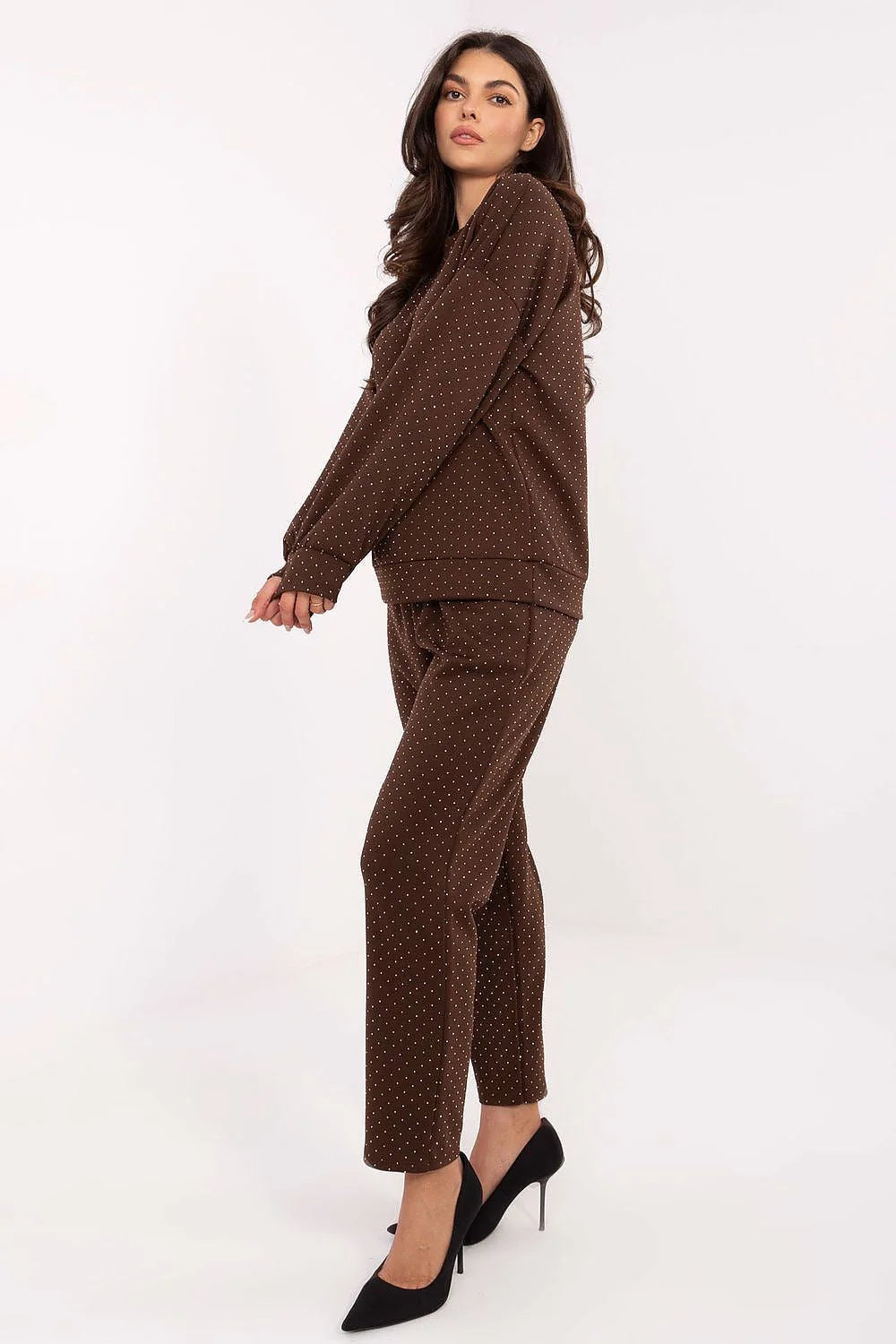 ensemble femme deux pièces loungewear chocolat pois blancs strass viscose polyester doux extensible sweat col rond pantalon taille haute