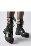 Bottes militaires féminines en cuir et tissu noir beige motifs chevrons semelle épaisse laces ajustables tallage confortable