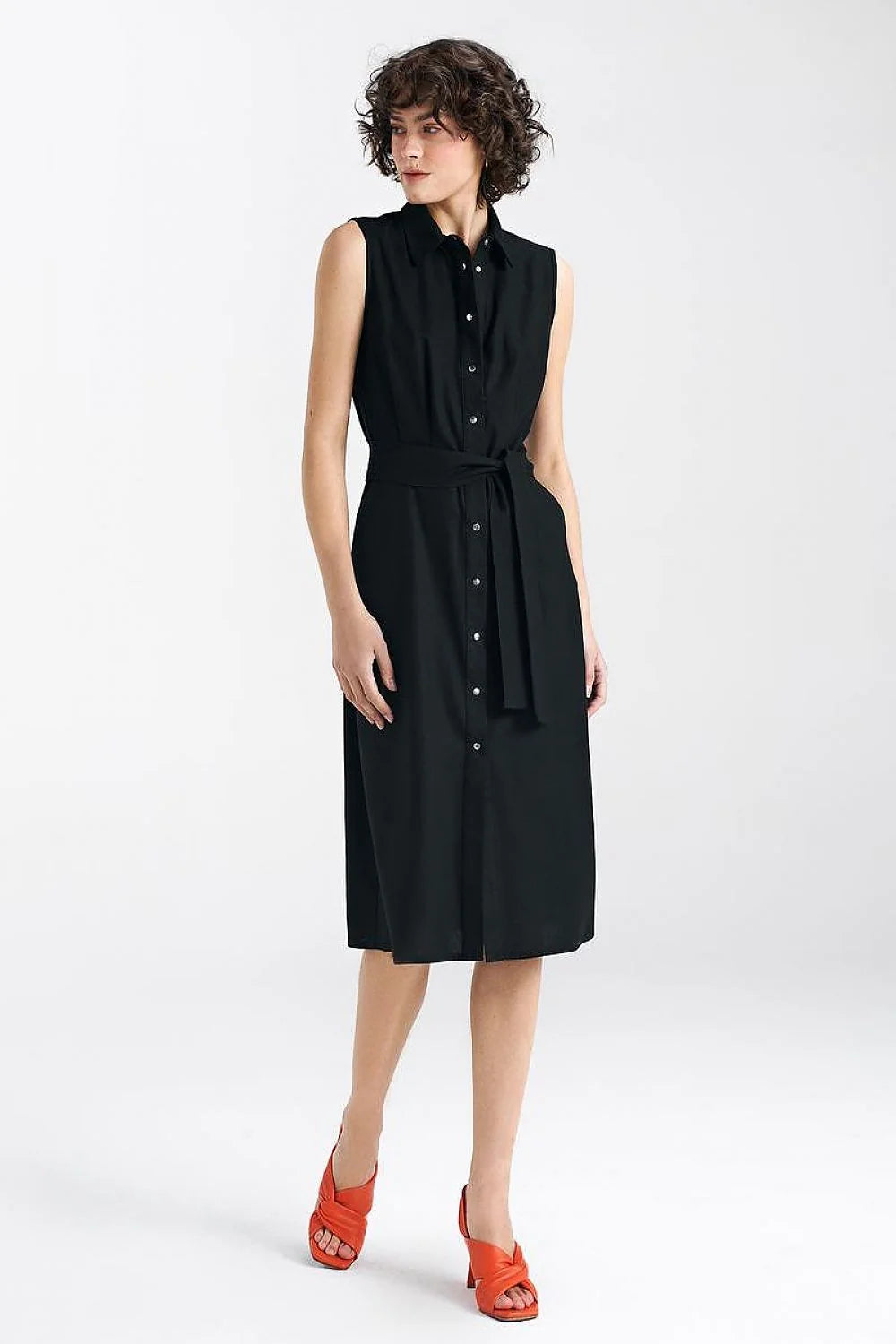 Robe de jour élégante sans manches en viscose, lin, coton noir taille ajustable pour femme