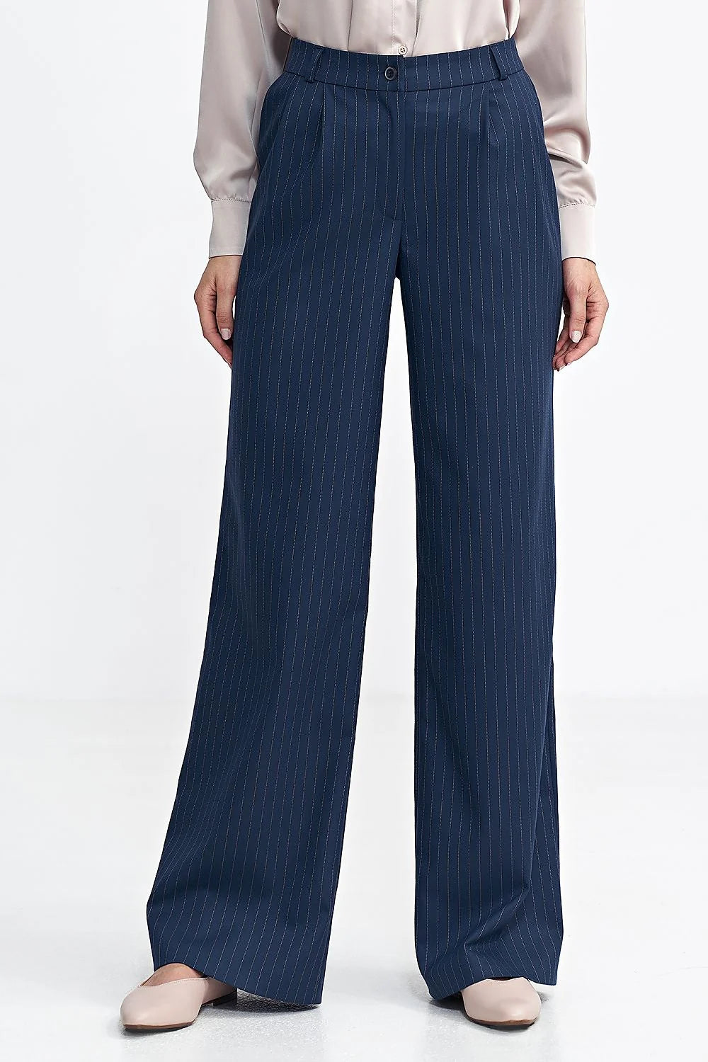 pantalon long ample palazzo rayures fines bleu marine blanc laine tailleur taille haute plis jambes larges tombé élégant