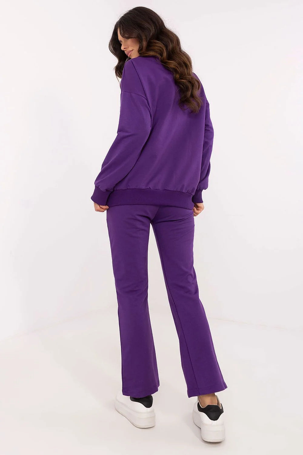 ensemble coordonné femme moderne sportchic violet vif coton élasthanne confort doux oversize colV manches bouffantes pantalon droit taillehaute ceinture élastique