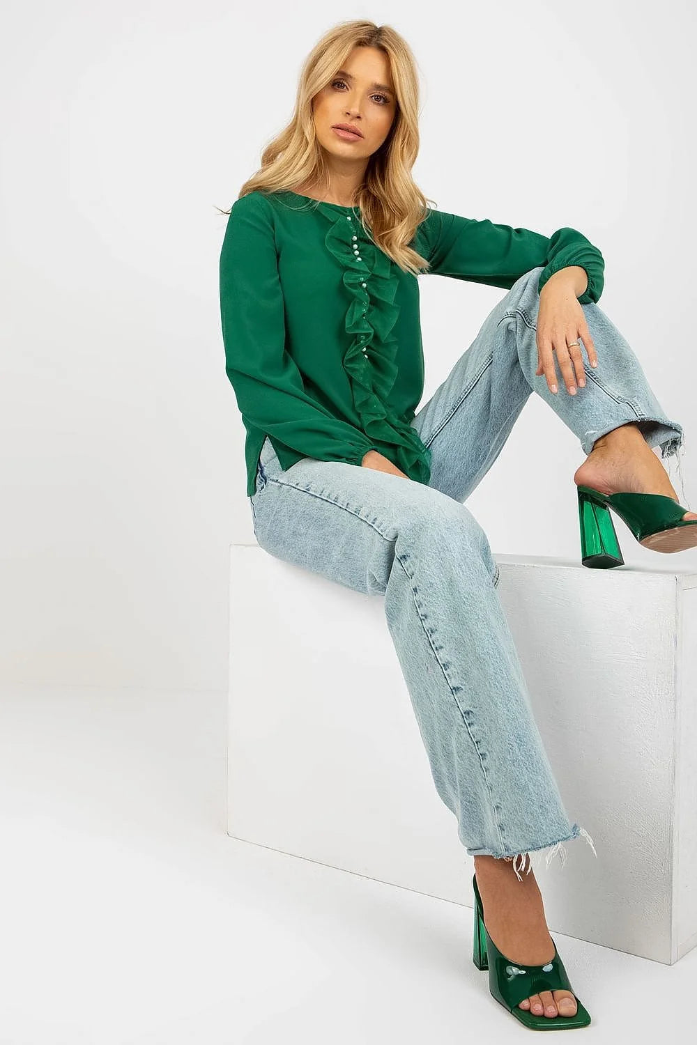 Chemisier Lakerta élégant pour femme en vert riche manches longues encolure ronde volants perlés