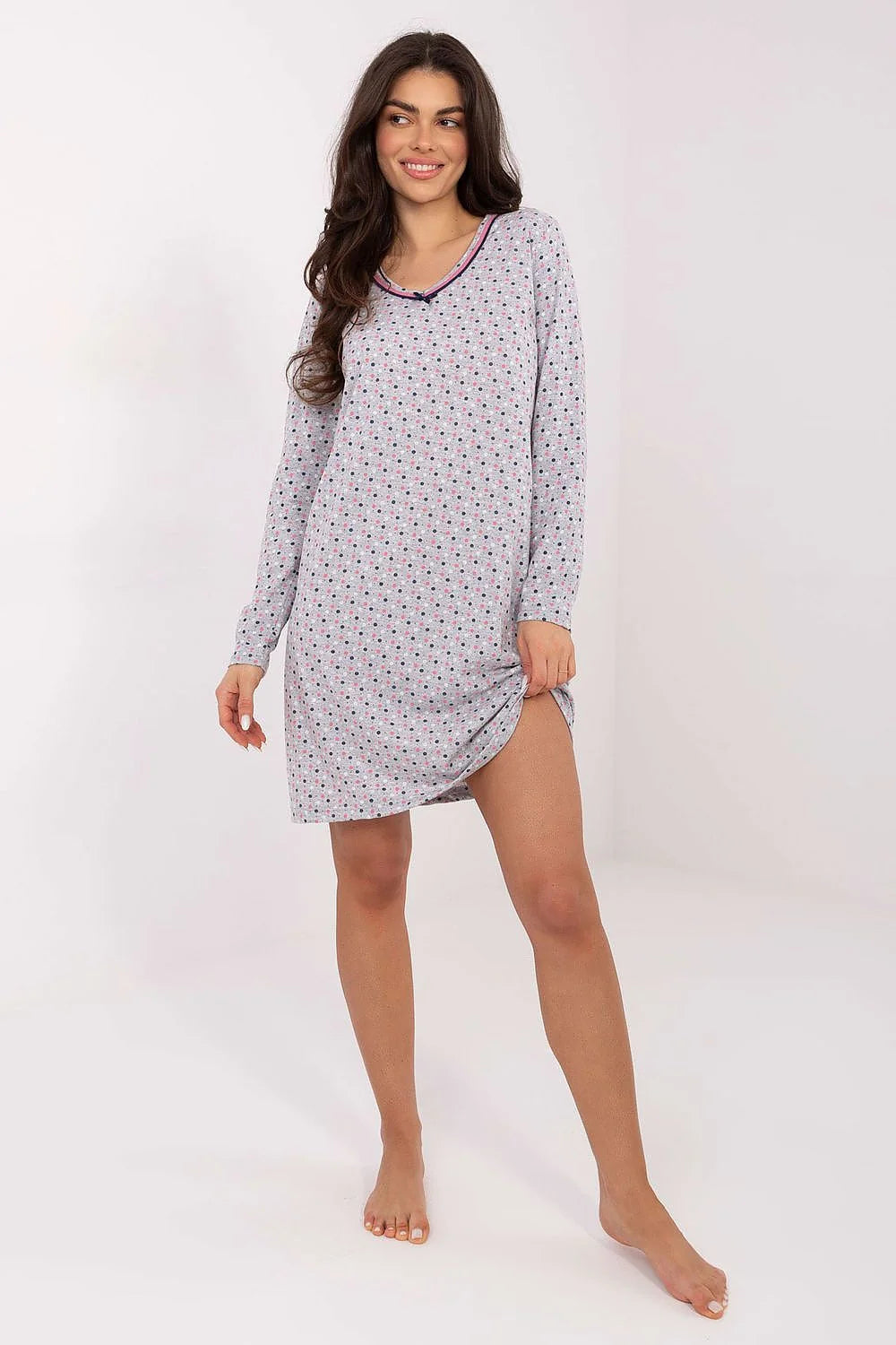 chemise nuit femme coton doux respirant manches longues coupe droite courte imprimé micro motifs roses marine dentelle décolleté noeud cosy