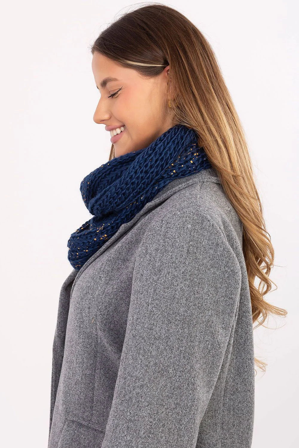 snood femme infinity maille grosse bleu marine fils dorés pailleté discret double tour tricot épais texturé chaud 65cm ajusté