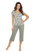 Pyjama femme élégante confortable viscose motif feuilles vert kaki manches courtes pantalon capri olive