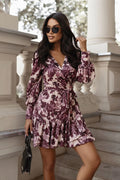 robe femme mini portefeuille manches bouffantes décolleté V ceinture nouée volantée ourlet silhouette cintrée imprimé floral bordeaux crème