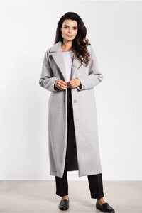 manteau femme long coupe droite midi gris clair col large revers boutonné laine feutrée chaud minimaliste élégant ceinture poches latérales