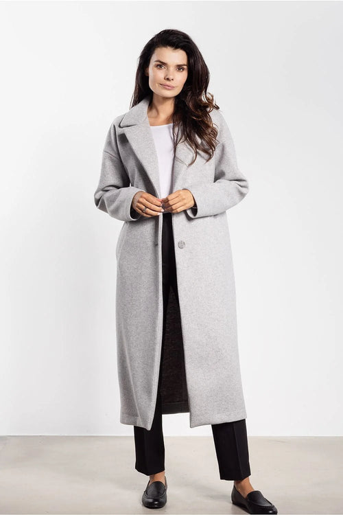 manteau femme long coupe droite midi gris clair col large revers boutonné laine feutrée chaud minimaliste élégant ceinture poches latérales