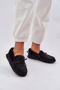 Mocassins en suédine écologique pour femme, style slip-on, fourrure noire intérieure, semelle antidérapante, confort intérieur
