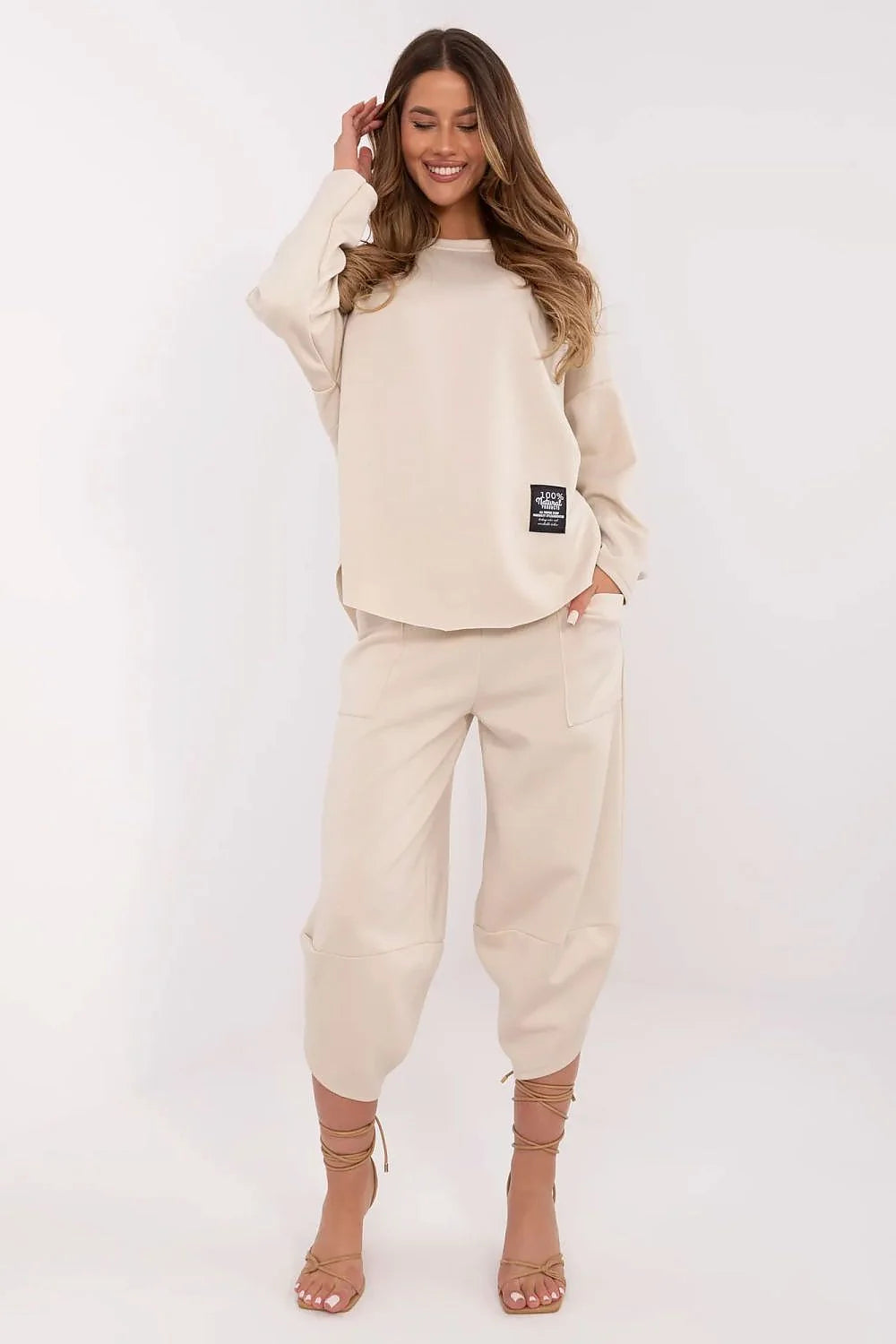 ensemble survêtement femme ItalyModa beige crème oversize molleton coton polyester confortable chic urbain minimaliste ample jogger cropped poches plaquées