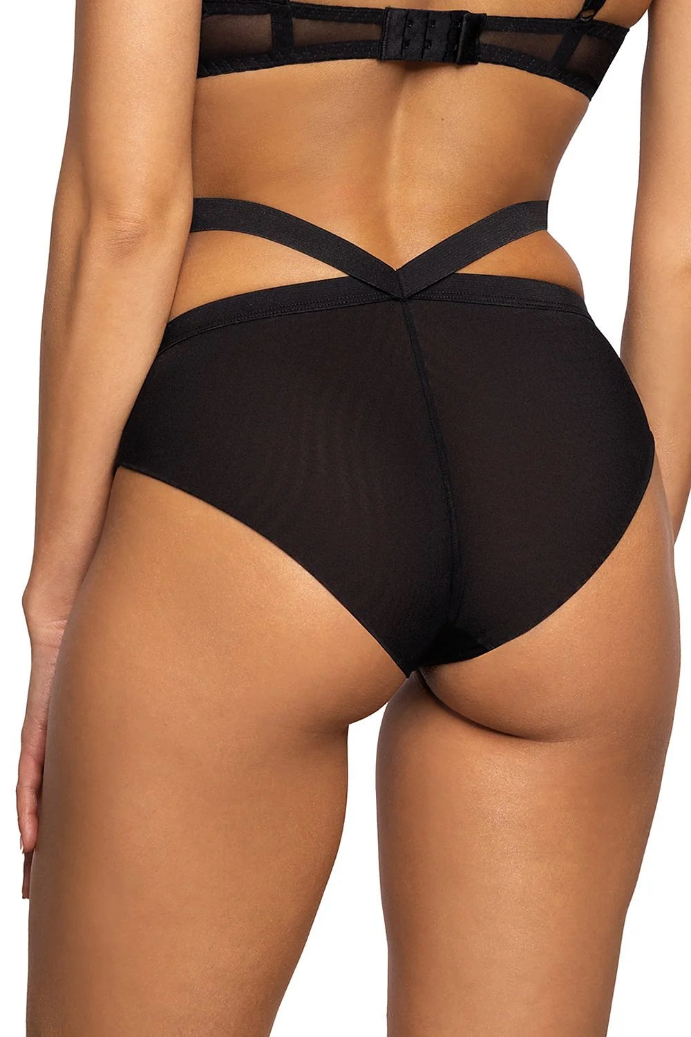 Culottes Mesh Noires à pois avec bande élastique en V Sexy et Élégant Femme Taille ajustable Mi-haute Coupe échancrée Matériaux Doux