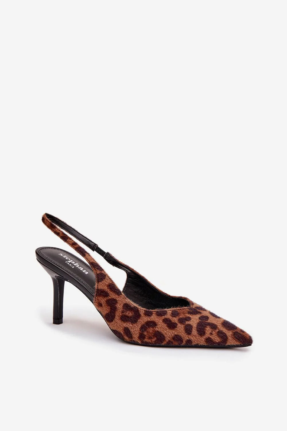 escarpins femme talon aiguille 8cm bout pointu slingback dos ouvert bride arrière imprimé léopard velours brun noir semelle cuir artificiel