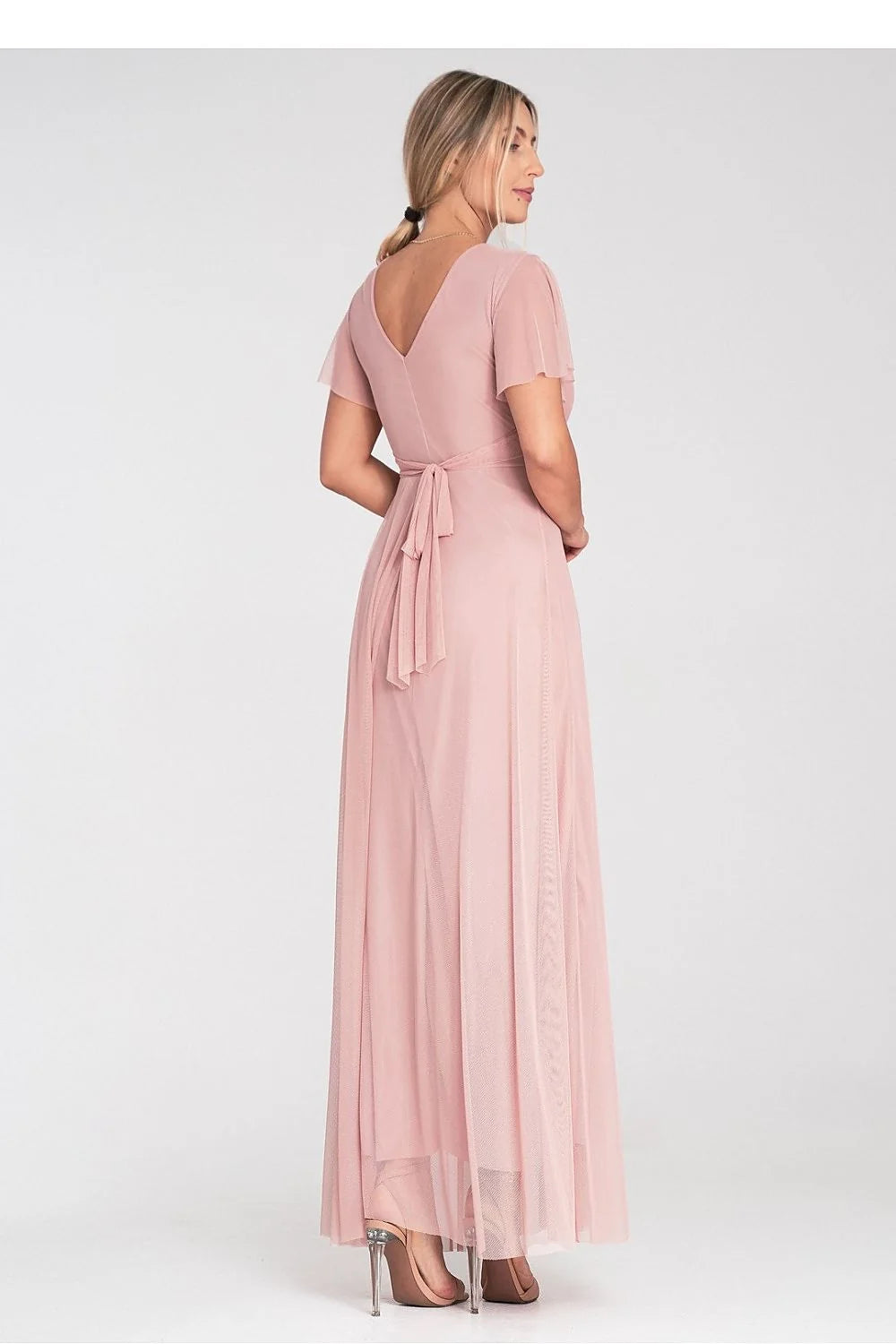 Robe longue élégante style romantique couleur rose poudré tissu léger taille empire souplesse femme