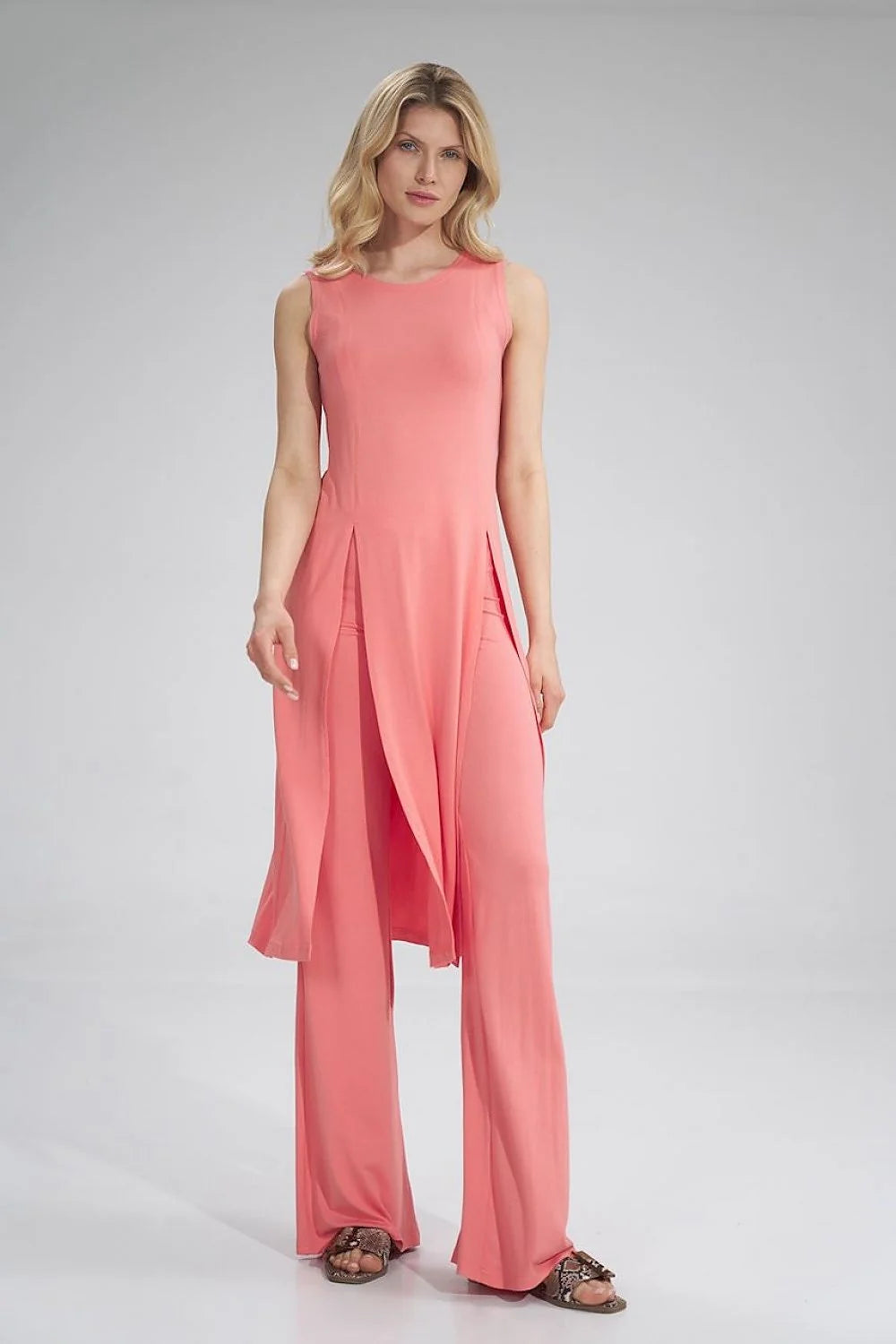 Ensemble tunique pantalon jersey fluide élégant sans manches fentes style moderne pour femmes chic casual