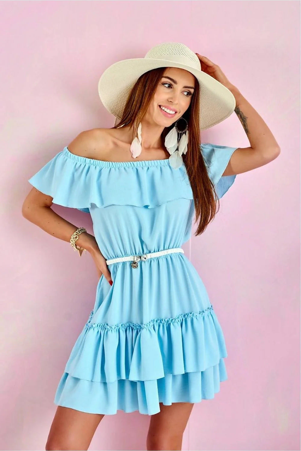 Robe été Bardot épaules dénudées volants taille ajustable couleur bleu clair femme mode chic décontracté