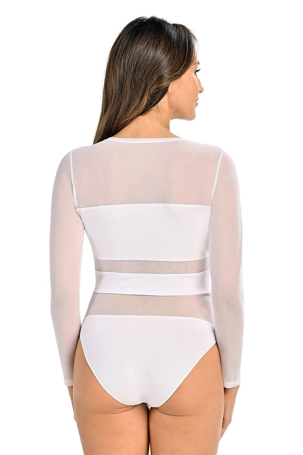 Body féminin moderne en viscose opaque et transparente, manches longues, encolure ronde, blanc, ajusté,多用途