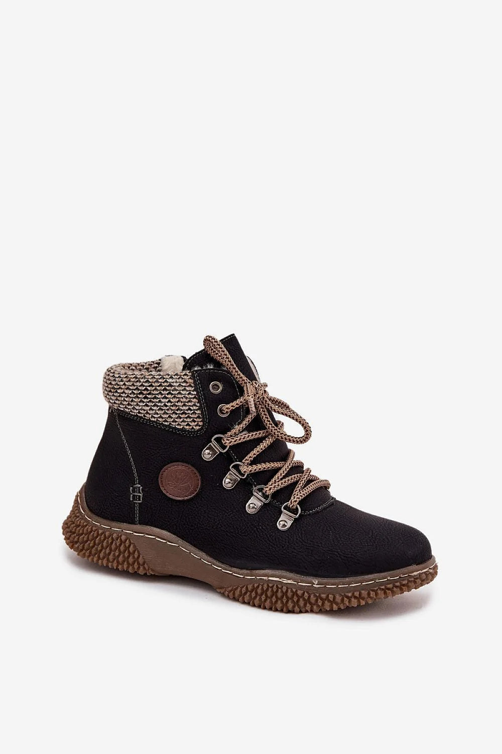 bottines femme montantes similicuir texturé doublure fourrure confort thermique lacets crochets métalliques fermeture éclair latérale semelle caoutchouc crantée antidérapante insigne