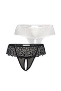 ensemble strings noir blanc lot deux dentelle florale tulle transparent ouverture entrejambe taille basse volants festonnes sexy romantique