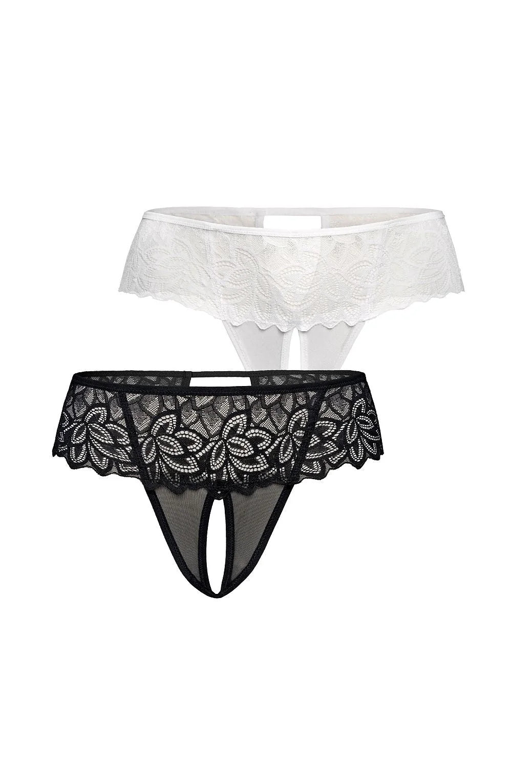 ensemble strings noir blanc lot deux dentelle florale tulle transparent ouverture entrejambe taille basse volants festonnes sexy romantique