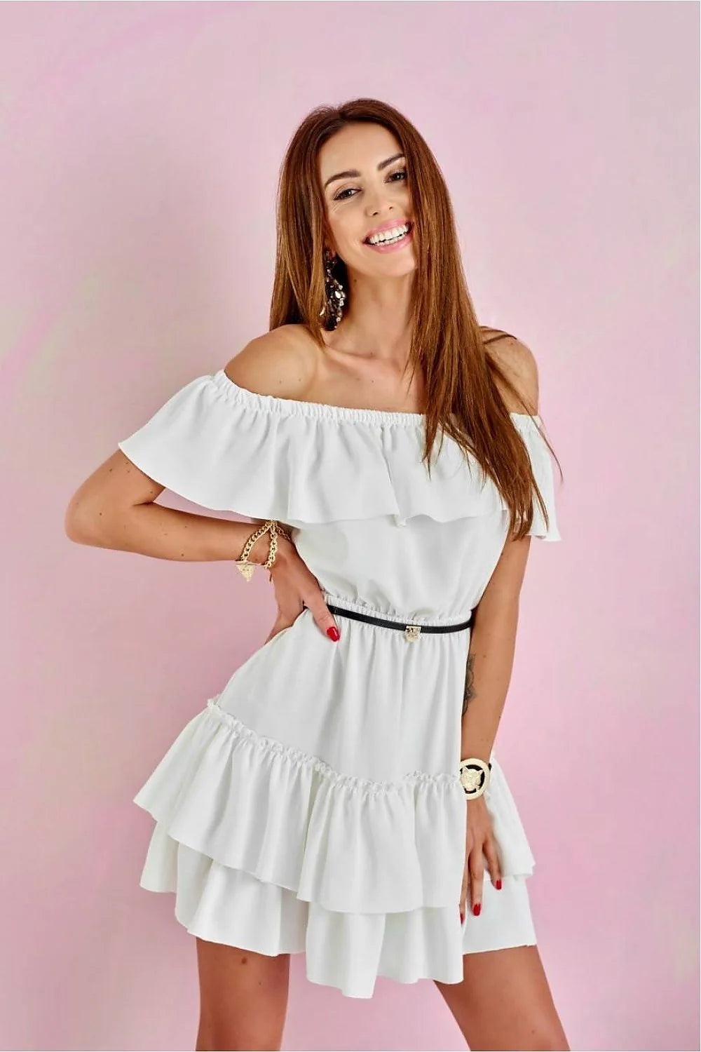 Robe d'été élégante off-shoulder blanche volumineuse tissu respirant taille ajustable short ruffles été femme