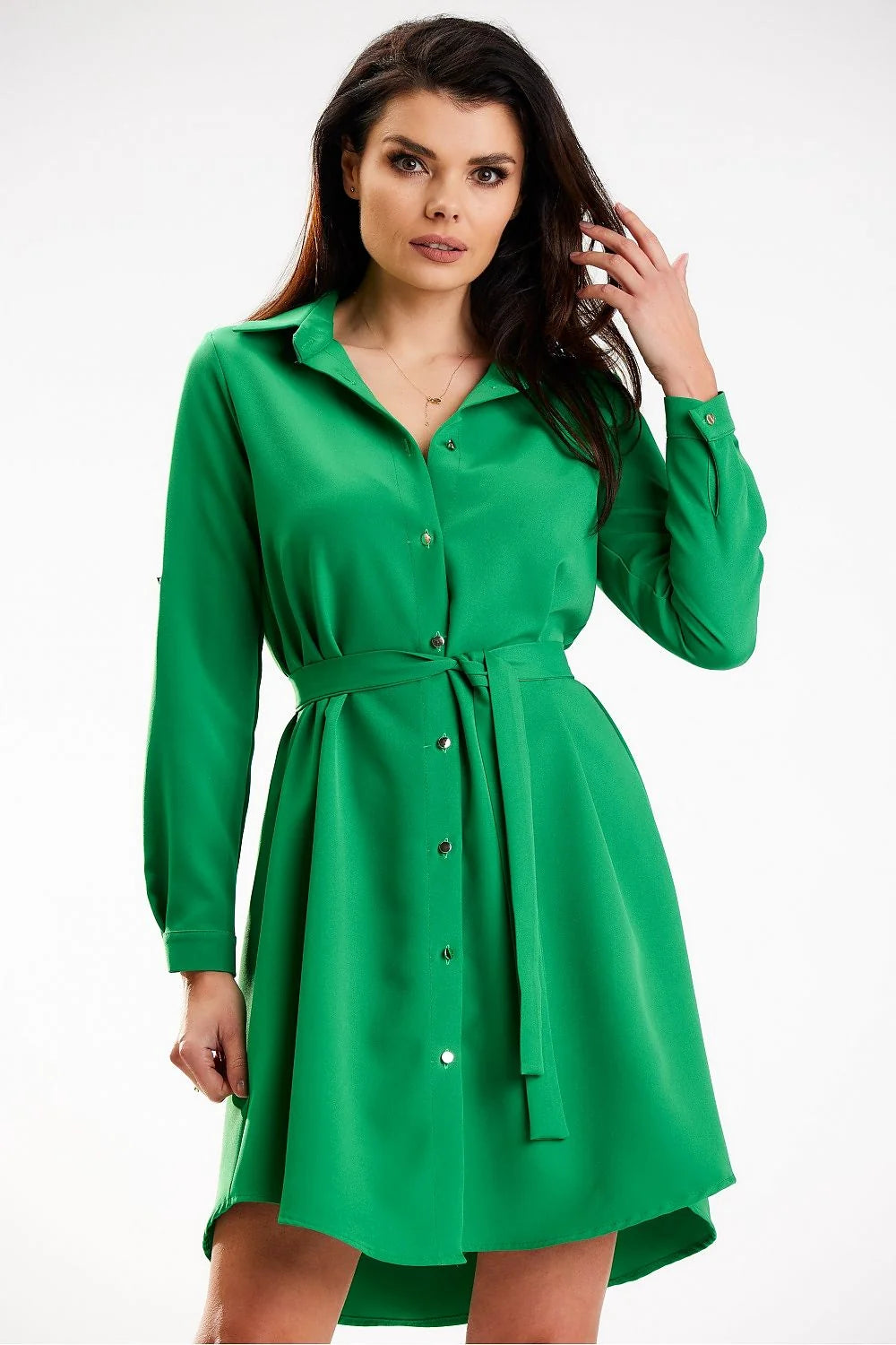 Robe-chemise femme élégante verte manches longues ajustables ceinture intégrée coupe évasée elasthanne polyester Pologne
