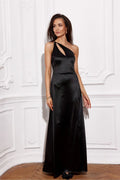 Robe de soirée élégante longue satin noir décolleté asymétrique fente jambe robe sans doublure femme événement formel