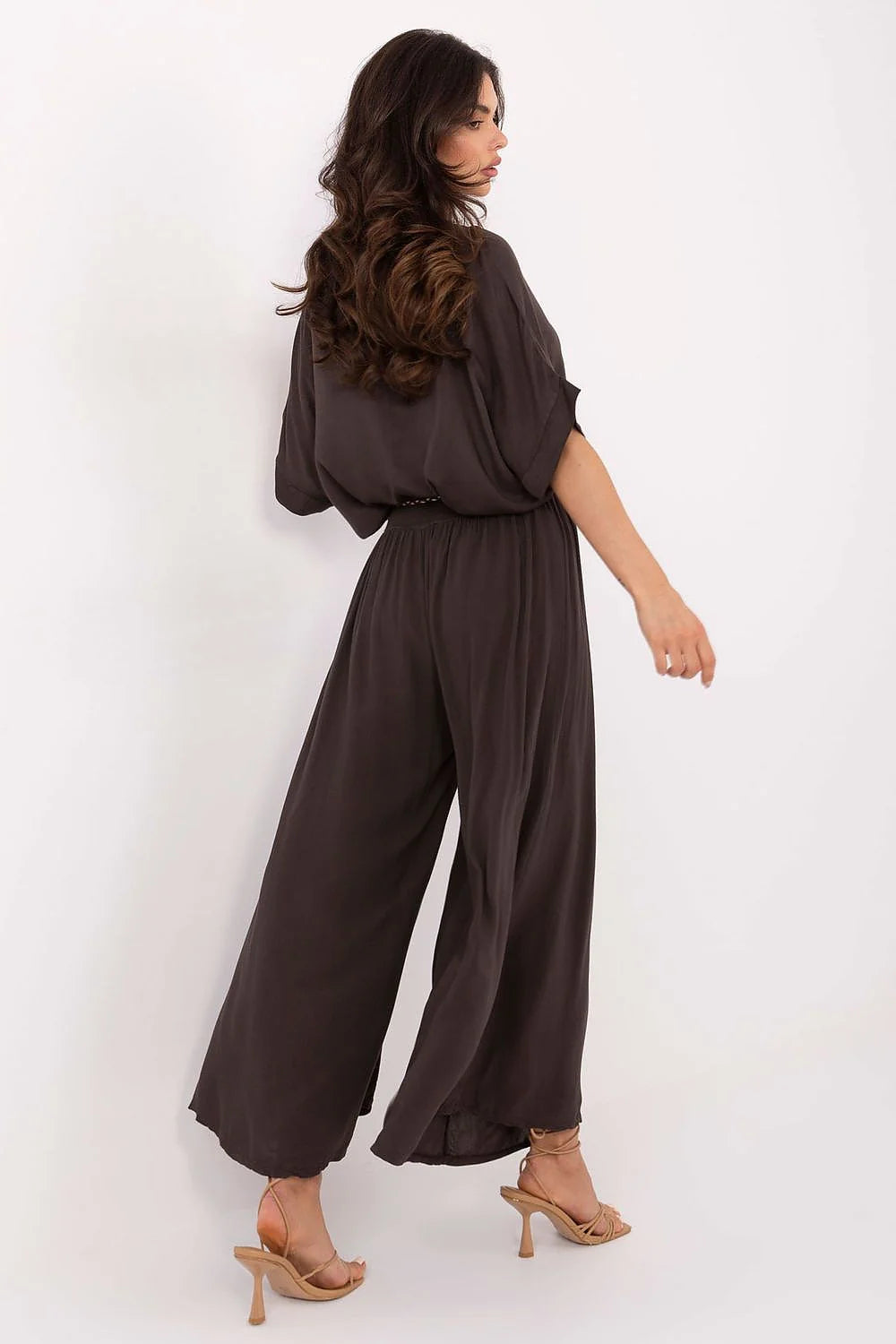 Pantalon femme Och Bella palazzo viscose couleur brun foncé taille haute ceinture à nouer perles ethnique manches courtes style décontracté chic occasion journée soirée