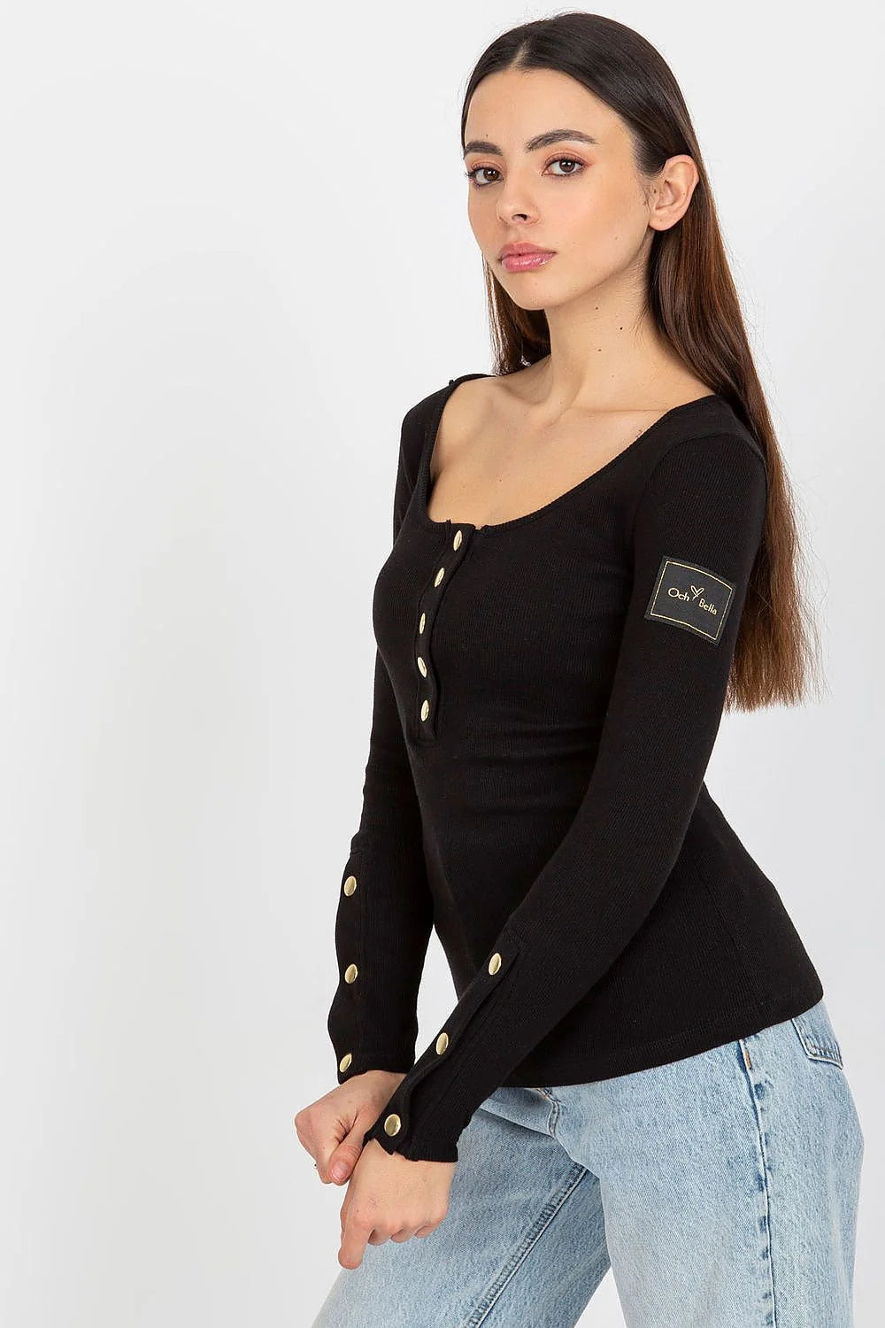 Chemisier Och Bella modern et élégant noir ajusté en coton élasthanne boutons dorés manches longues encolure ronde femme