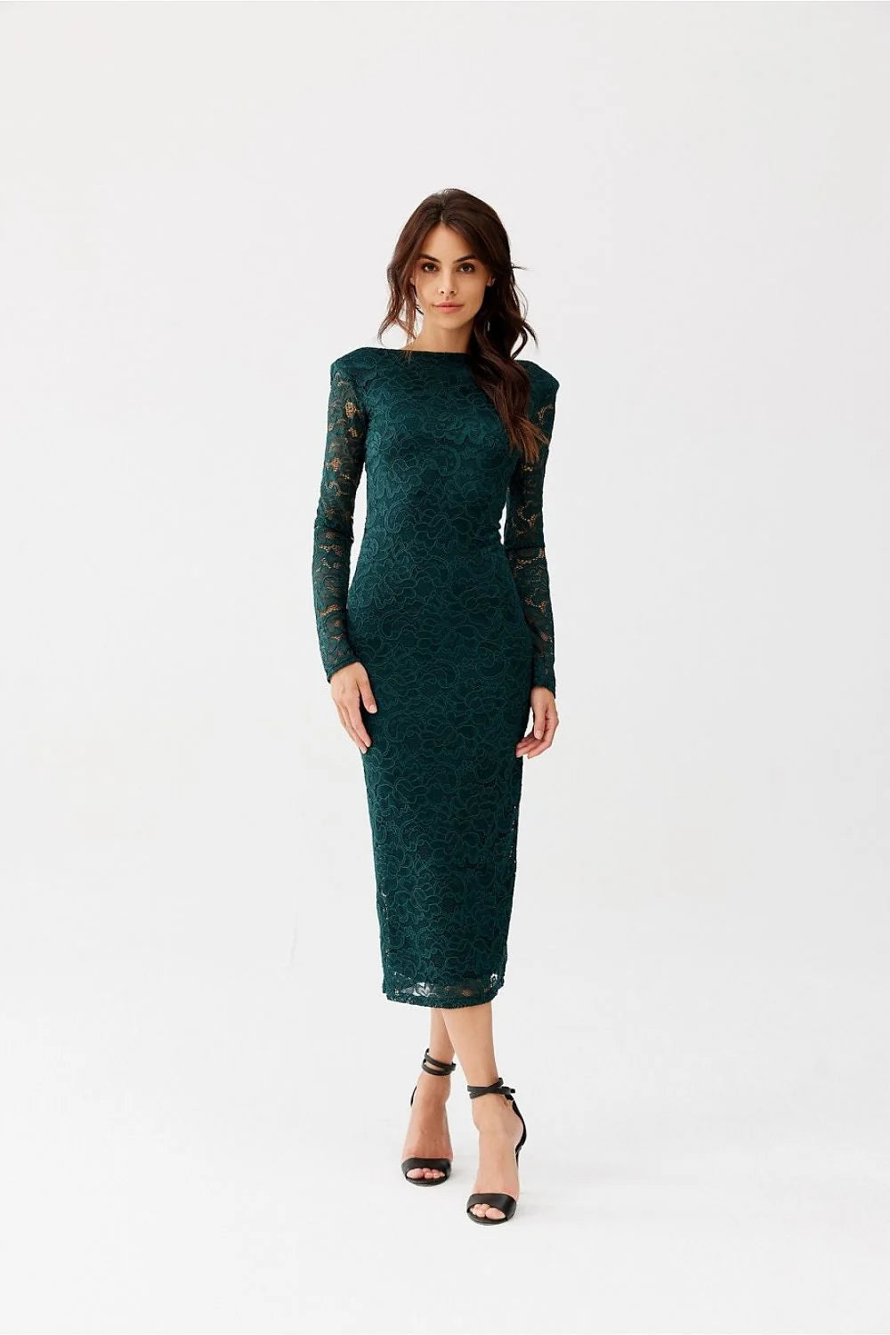 Robe de soirée élégante longue manches longues dos nu dentelle verte émeraude ajustée femme occasions formales