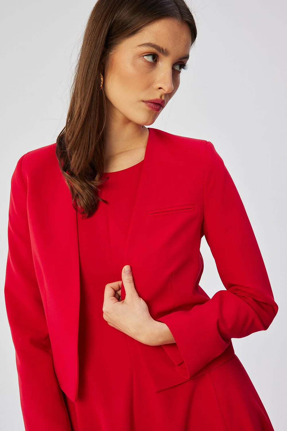 Veste Stylove courte élégante sans col rouge vif polyester élasthanne femme occasion formelle professionnelle