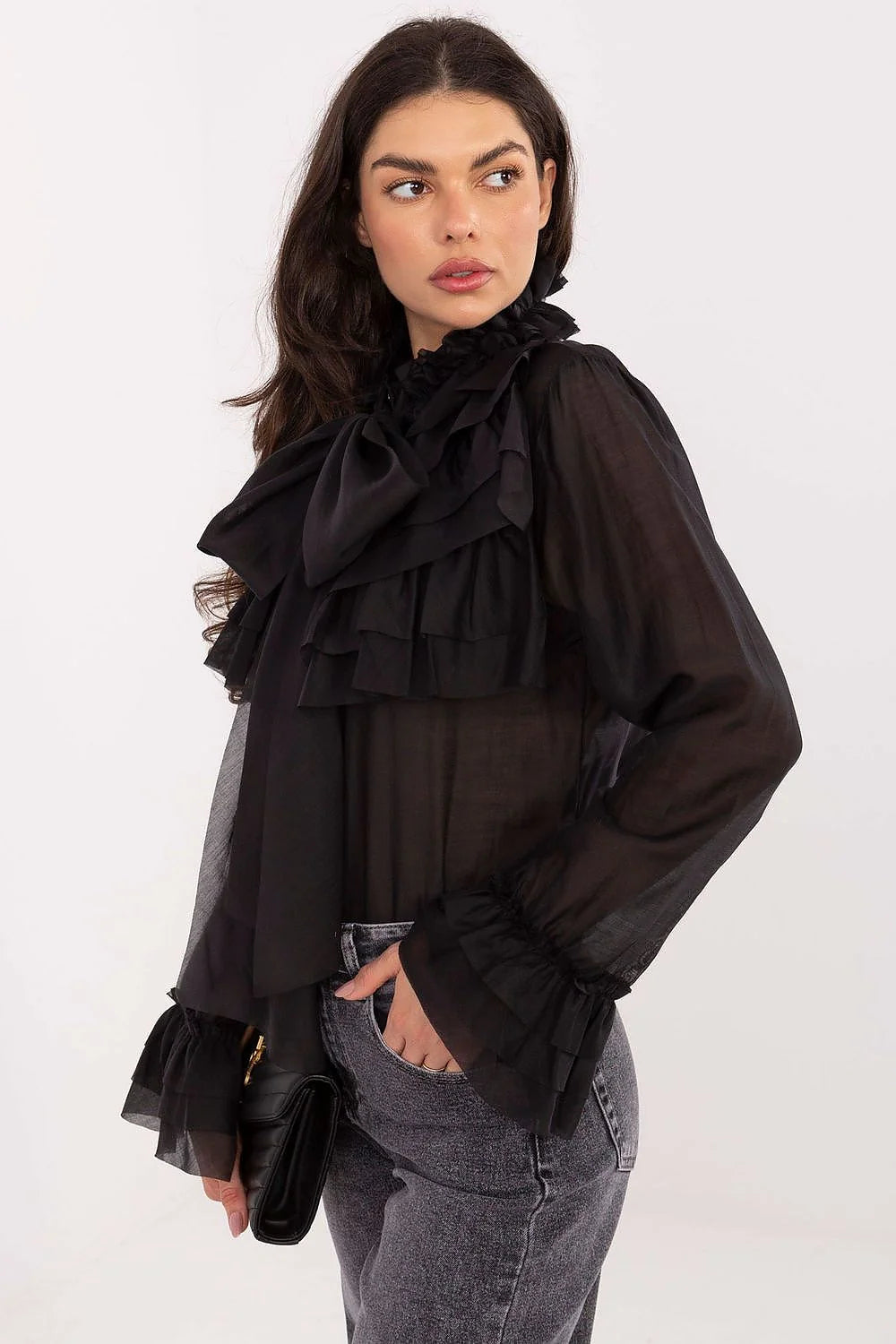 chemise femme noire col montant lavallière nouée plastron volants superposés manches longues poignets froncés mousseline semitransparente tencel polyester légère romantique