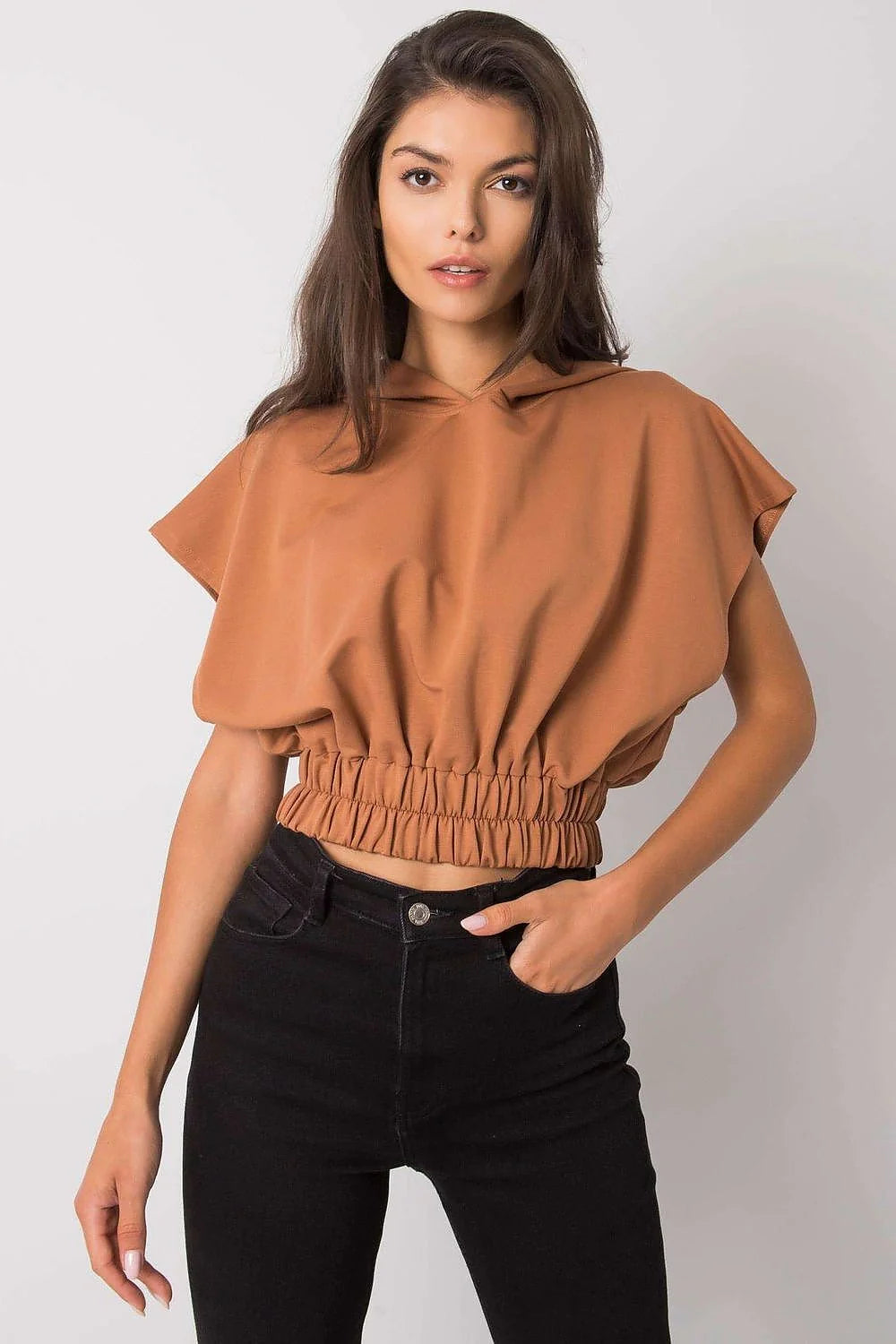 Sweatshirt femme Fancy style moderne couleur turquoise large manches courtes capuche élastique coton polyester