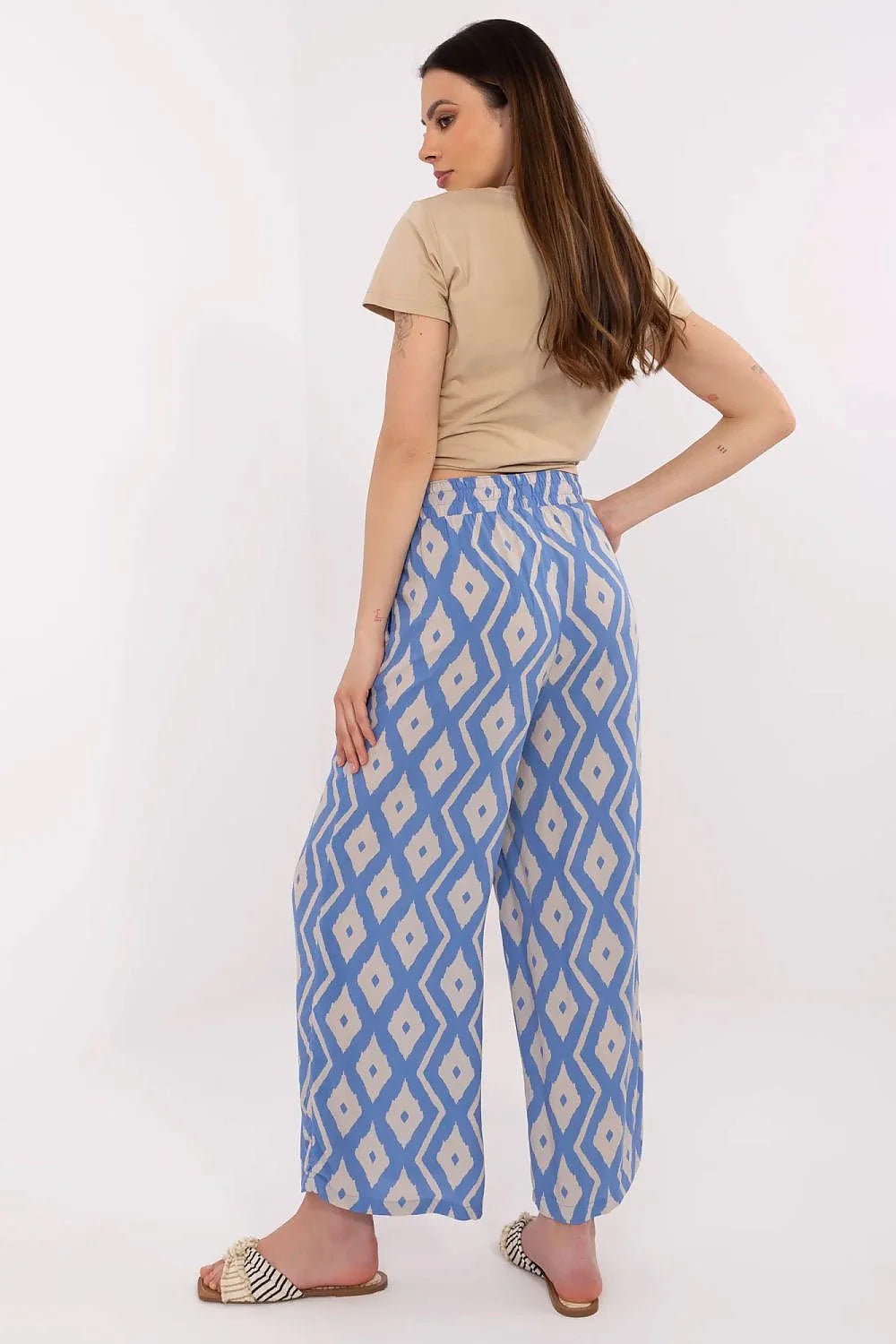 pantalon femme large fluide palazzo imprimé géométrique bleu beige viscose polyester mélangé taille élastique cordon pompons poches latérales longueur cheville