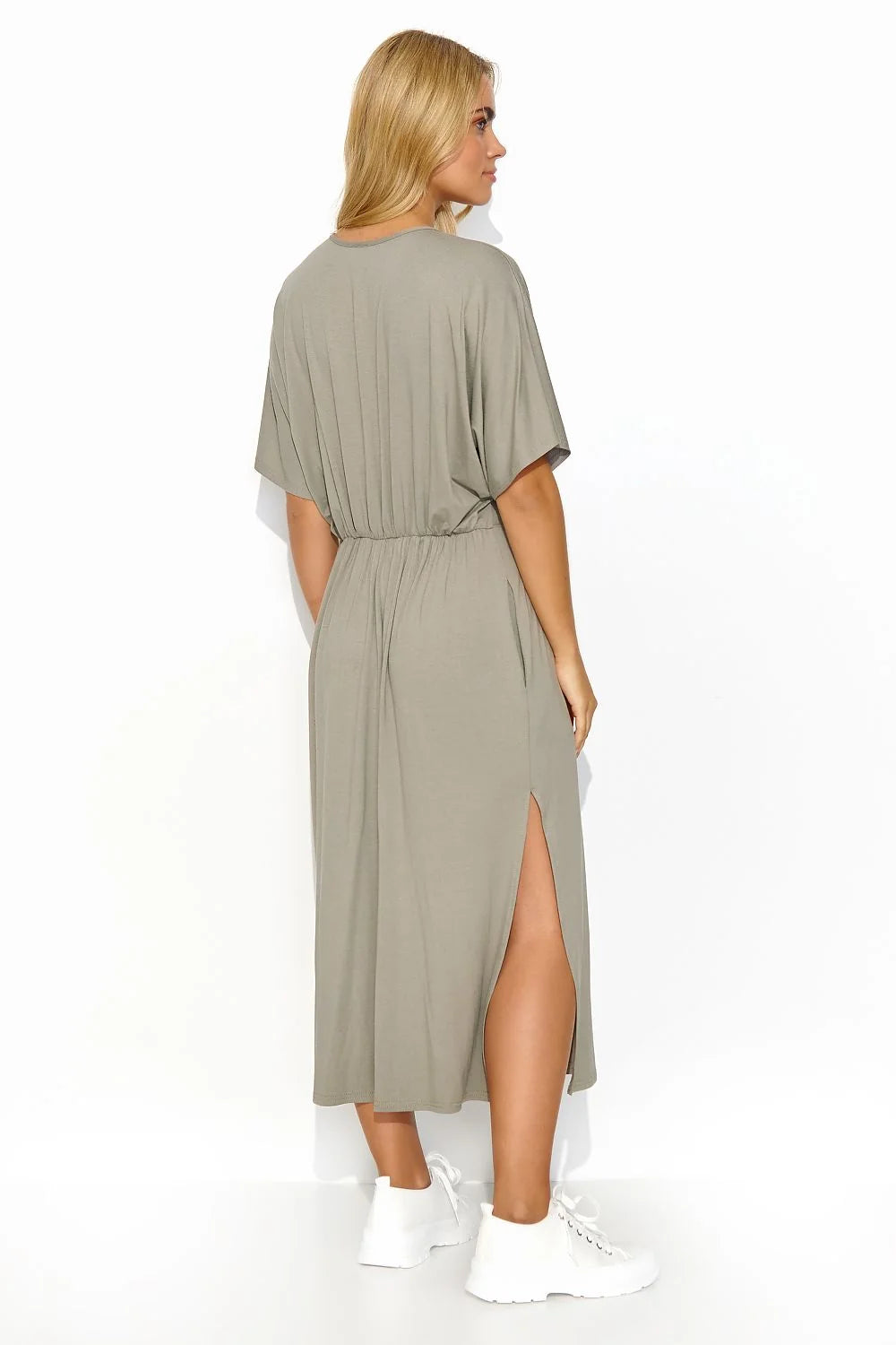 robe midi ample estivale maille légère douceur manches kimono courtes taille froncée cordon doré bling glamour fente latérale